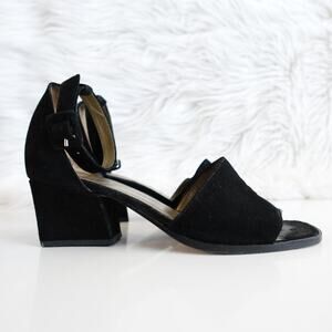 Vintage Yves Saint Laurent YSL Black Suede Sandal Ankle Strap Kitten Block Heels